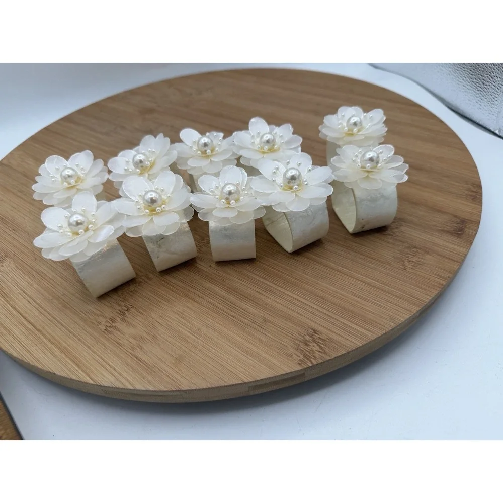 Vtg‎ Set Of 10 Capiz Shell Napkin Rings With Dogwood Flowers Toppers Excellent